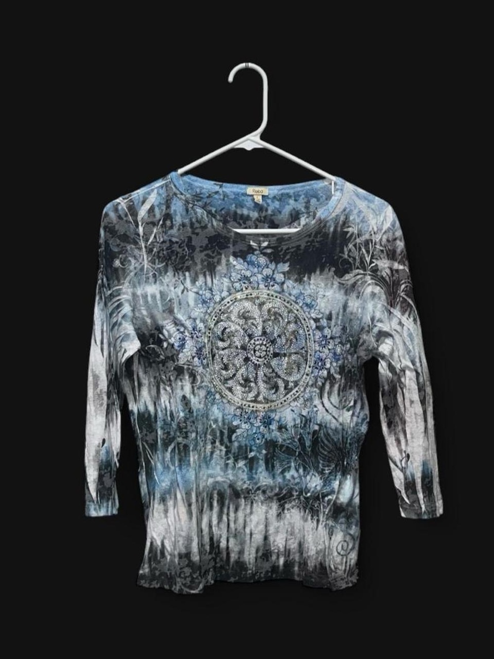 Reba Blue and Black Tie-Dye Medallion Long Sleeve Tee